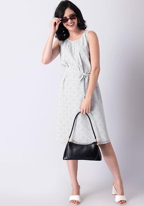 White Geometric Belted Gathered Midi Dress 