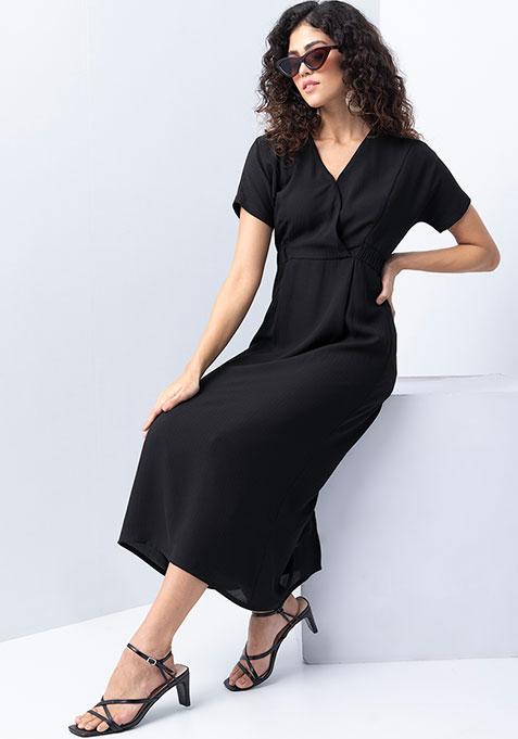 Black Wrap Dolman Sleeve Elasticated Waist Dress 