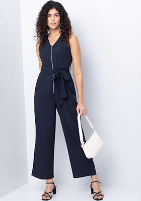 Navy Zipped Sleeveless Belted Jumpsuit 