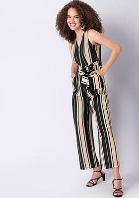 Black Striped Sleeveless Belted Jumpsuit