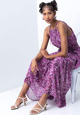 Purple Floral Halter Smocked Waist Maxi Dress 