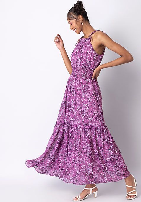 Buy Women Purple Floral Halter Smocked Waist Maxi Dress Date Night Dress Online India Faballey 2681