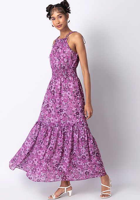 Buy Women Purple Floral Halter Smocked Waist Maxi Dress Date Night Dress Online India Faballey 9101