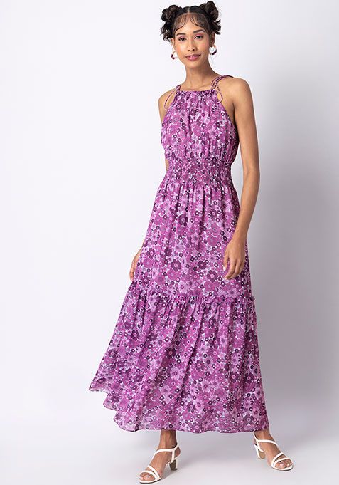 Buy Women Purple Floral Halter Smocked Waist Maxi Dress Date Night Dress Online India Faballey 7065