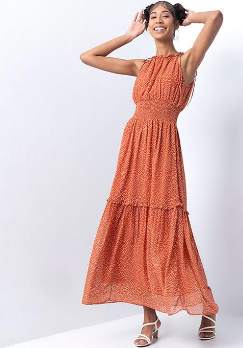 Orange Polka Halter Smocked Waist Maxi Dress 