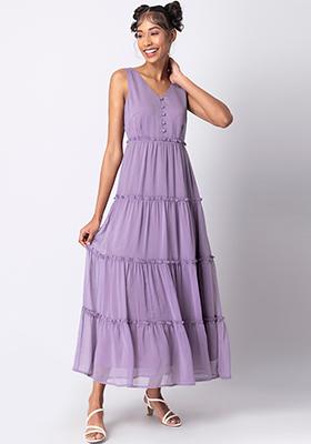 Lilac Tiered Buttoned Maxi Dress 