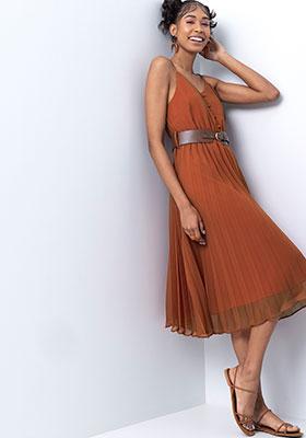 Rust Strappy Pleated Midi Dress with Tan Belt 