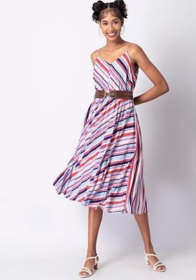 Multicolored Striped Strappy Pleated Midi Dress with Tan Belt 