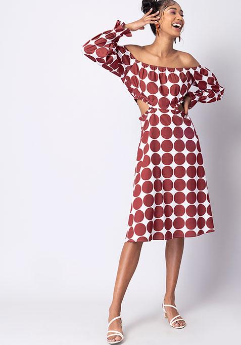 Maroon Polka Bardot Waist Cut Out Midi Dress