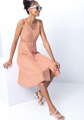 Rust Checked Waist Cut Out Buttoned Midi Dress 