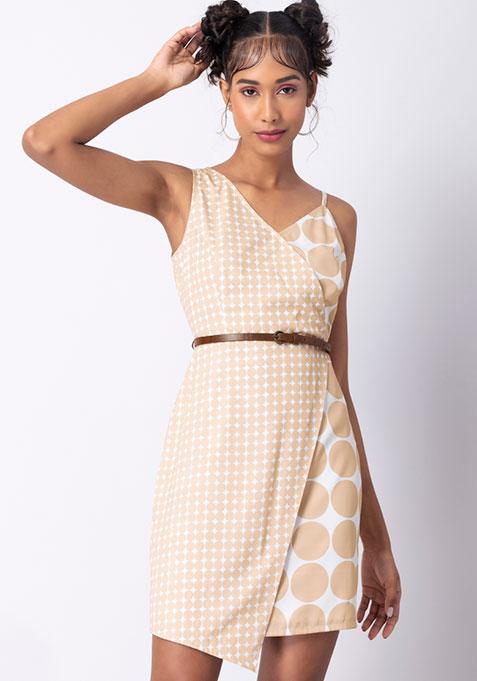 Beige Polka Asymmetric Hem Dress with Tan Belt