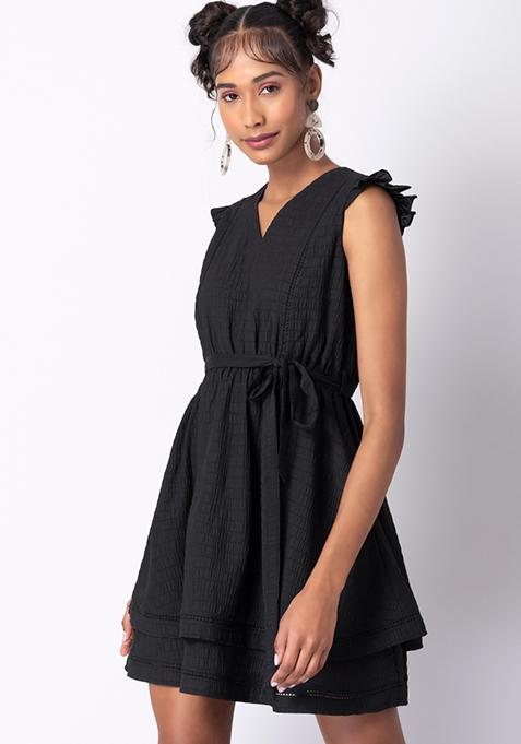 Buy Women Black Trim Layered Belted Skater Dress - Date Night Dress ...