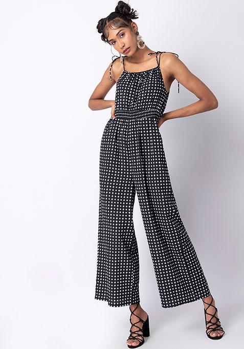 Black Polka Strappy Smocked Waist Jumpsuit 