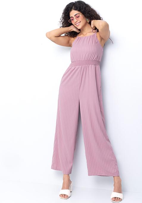 Buy Women Pink Strappy Tie Up Smocked Waist Jumpsuit Date Night Dress Online India Faballey 