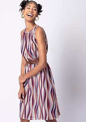Multicolored Striped Shift Dress with Tan Belt 