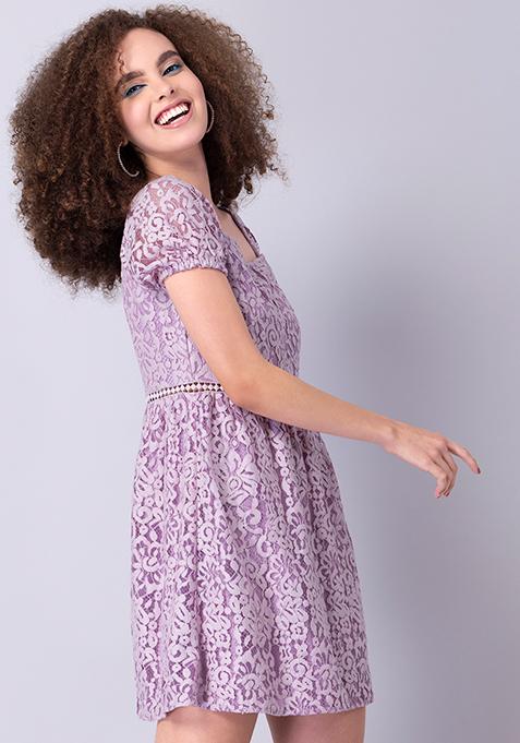 Lilac Lace Square Neck Trim Dress 