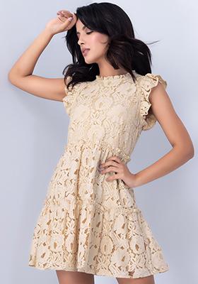 Beige Floral Lace Frill Neck Tiered Dress 