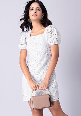 White Lace Sweetheart Neck Elasticated Sleeve Dress 