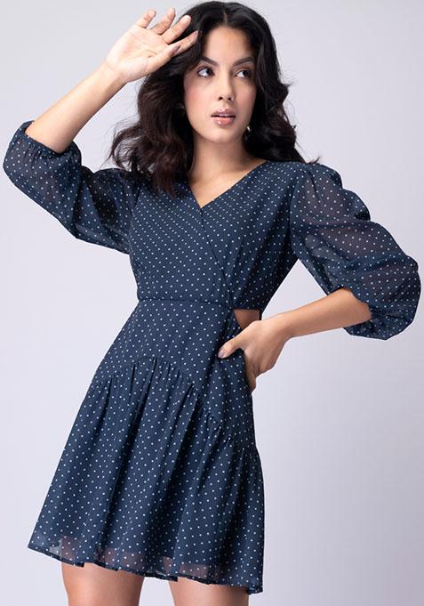 Navy Polka Waist Cut Out Wrap Dress 