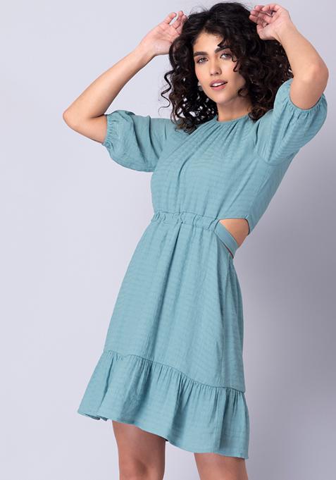 Blue Back Cut Out Tie Up Shift Dress 