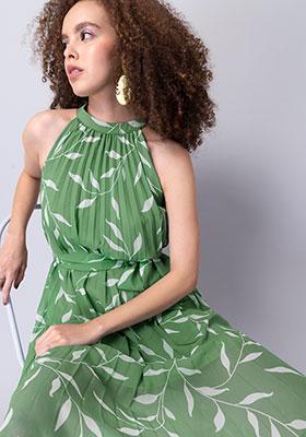 Green Tropical Halter Neck Belted Dress
