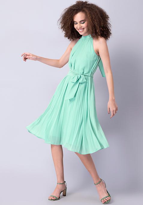 Blue Pleated Halter Neck Tie Up Belted Dress 