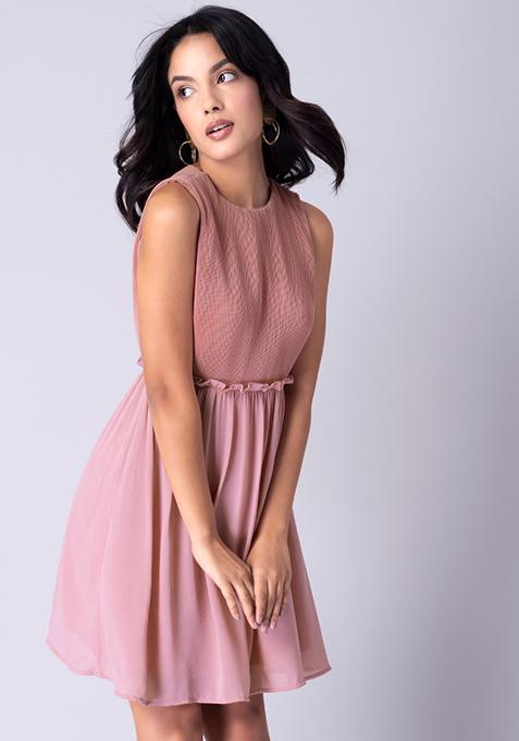 Pink Pleated Waist Frill Dress 