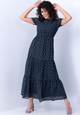 Navy Polka Ruched Open Front Maxi Dress 