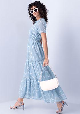 Blue Tropical Front Placket Ruched Waist Maxi Dress 