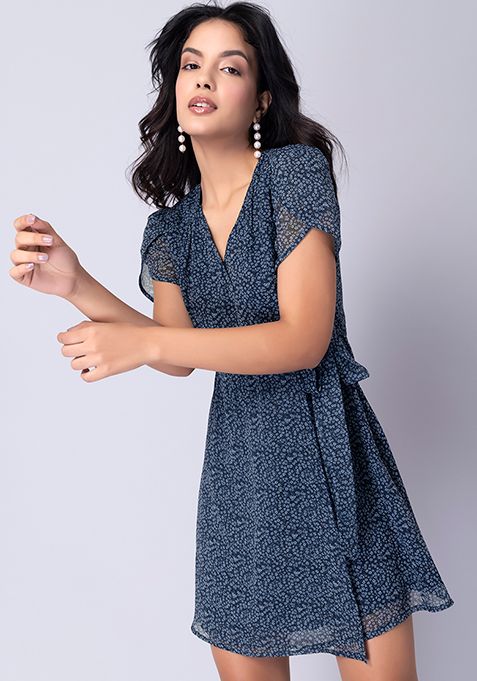 Blue Floral Side Tie Wrap Dress 