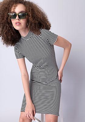 Black Striped High Neck Knit Bodycon Dress 