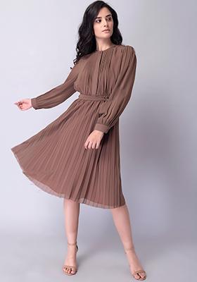 Rusty Rose Pleated Belted Midi Dress
