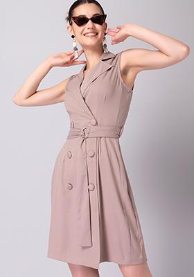 Dusty Pink Self Design Belted Blazer Dress 