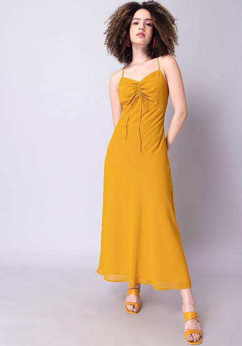 Yellow Noodle Strap Ruched Maxi Dress 