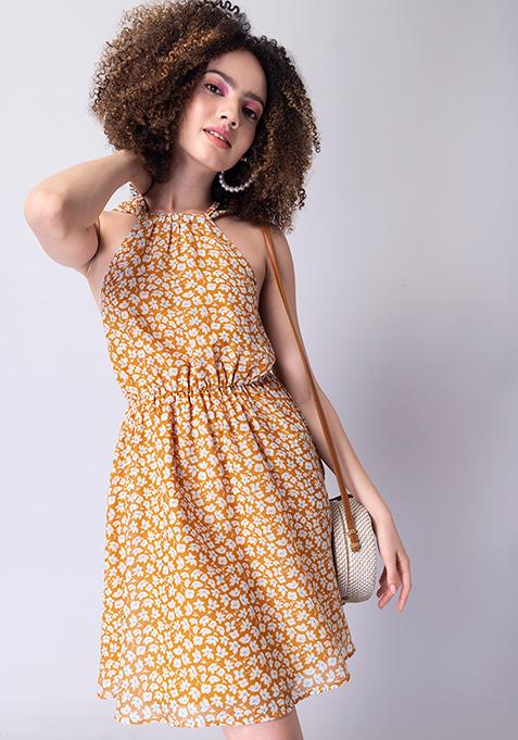 Mustard Floral Halter Midi Dress 