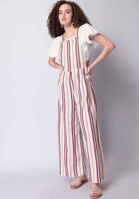 White Striped Strappy Overalls 