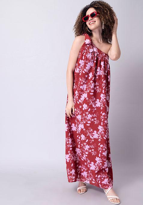 Red Floral One Shoulder Tie Up Dress 