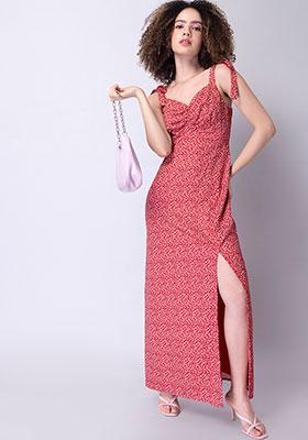Red Floral Strappy Tie Up Maxi Dress 