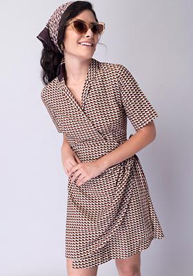 Brown Geometric Wrap Shirt Dress 