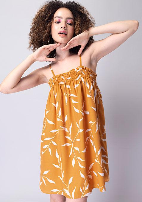 Yellow Botanical Strappy Mini Dress 