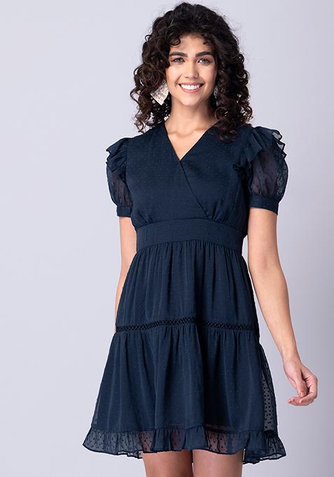 Navy Frill Sleeve Trim Wrap Dress 