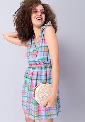 Multicolored Checked Tie Up Wrap Dress 