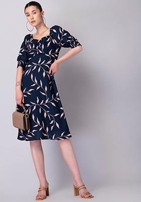 Navy Tropical Ruched Dress 