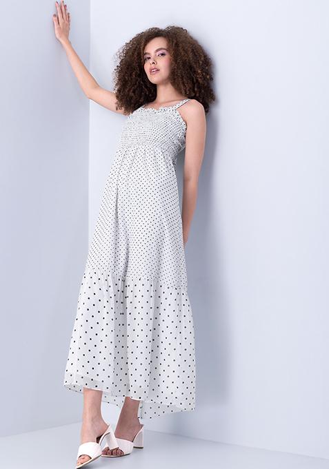 White Polka Strappy Smocked Back Tie Dress 