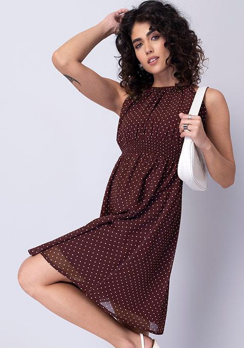 Maroon Polka Halter Neck Smocked Dress 