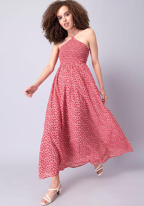 Red Floral Halter Neck Smocked Maxi Dress 