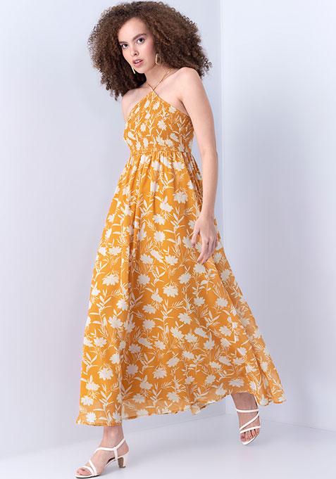 Yellow Floral Halter Neck Smocked Maxi Dress 
