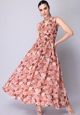 Beige Floral Ruched Maxi Dress 