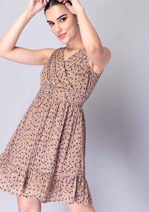 Dusty Pink Floral Overlap Mini Dress 