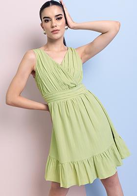 Pastel Green Self Design Overlap Dress 